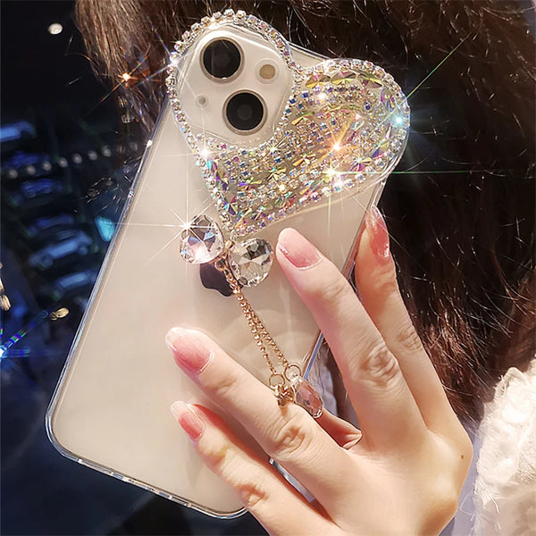 Bling Heart Woman Phone Cases for IPhone 15 Pro Max 14 13 12 Mini 11 XS XR X Plus Coques Camera Protection Cover Glitter Fundas