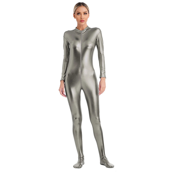 Womens Metallic Shiny Zentai Jumpsuit Mock Neck Long Sleeve Zipper Full Body Unitard Tights for Gymnatics Performance Clubwear