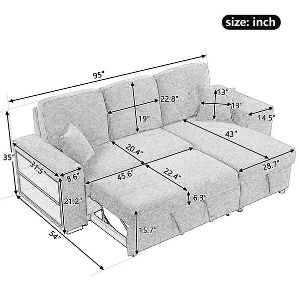 Reversible Sleeper Sectional Sofa Bed With Side Shelf and 2 Stools,Pull-Out L-Shaped Sofa Bed,Corner Sofa-Bed With Stora