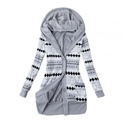 Women's Sweater Coat Striped Print Long Sleeve Autumn Winter  Hoodie Buttons Closure Plush Lining Sweater Cardigan Outerwear