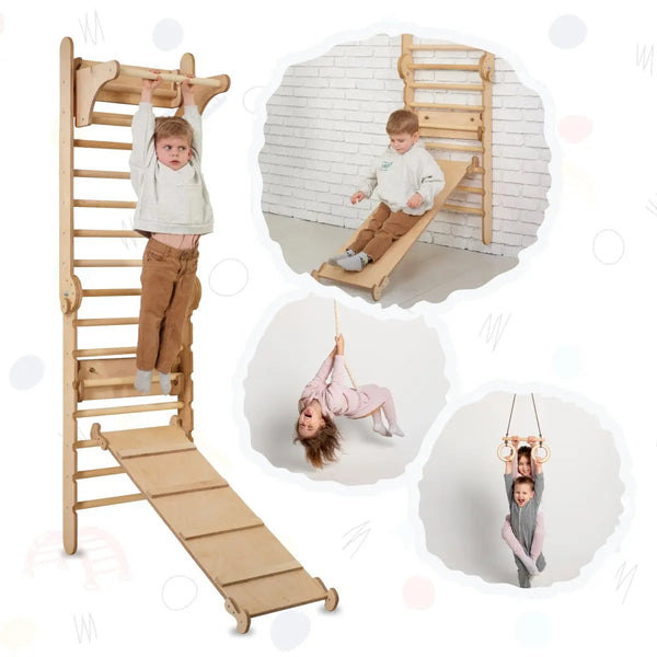 3in1 Wooden Swedish Wall / Climbing Ladder for Children + Swing Set + Slide Board