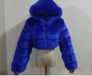 Buy white Furry Cropped Faux Fur Coats  Jackets Women Fluffy Top Coat Hooded Winter Fur Jacket YINGJIAMEI