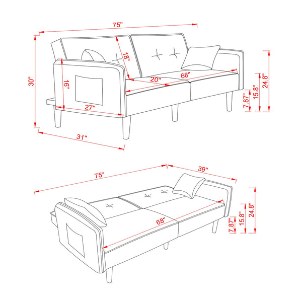 Living Room Bed Room Leisure Futon Sofa Bed in Blue Fabric With Solid Wood Leg