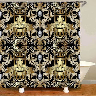 Buy only-shower-curtain4 3D Luxury Black Gold Greek Key Meander Baroque Bathroom Curtains Shower Curtain Set for Bathroom Modern Geometric Bath Rug Decor