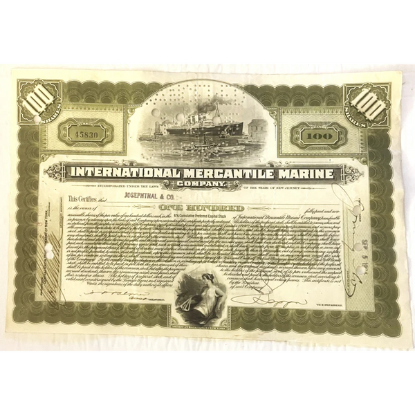 Antique 🚢 1910s - 1920s Titanic International Mercantile Marine Preferred Stock Certificate - Light Green