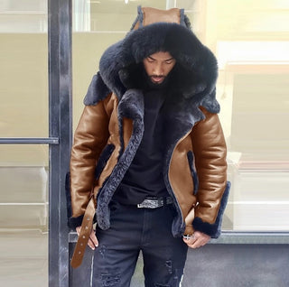 Buy khaki 2021 Men&#39;s  Winter Men  Shearling Skin Leather Coat Warm Fur RAF Military Leather Coats