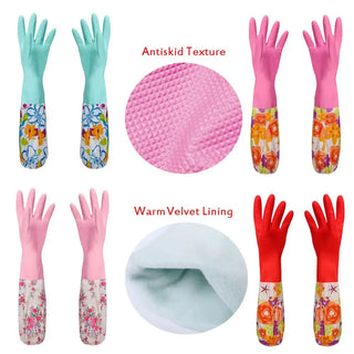 Flower Rubber Velvet Long Gloves Household  Antiskid Washing Cleaning   Dish