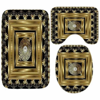 Buy only-3pcs-set 3D Luxury Black Gold Greek Key Meander Baroque Bathroom Curtains Shower Curtain Set for Bathroom Modern Geometric Bath Rug Decor