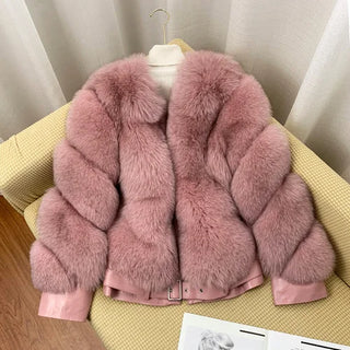 Buy skin-pink BFFUR Winter Fashion Real Fox Fur Coats for Women Locomotive Style Genuine Sheep Leather Jacket Natural Fox Fur Coat Female 2022