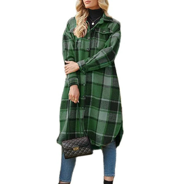 Autumn Winter Women's Wool Coat 2021 Streetwear Loose Casual Coat Shirt Jacket Lapel Women's Fashion Long Plaid Jacket