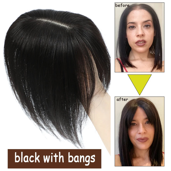 Dazzeal Toppers Hair Pieces for Women Straight Silk Base Human Hair Topper With Bangs Clip Hair Extensions Women's Hair Toppers