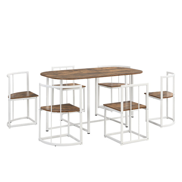 Modern 7-Piece Dining Table Set With Faux Marble Compact 55Inch Kitchen Table Set for 6, White+Cherry