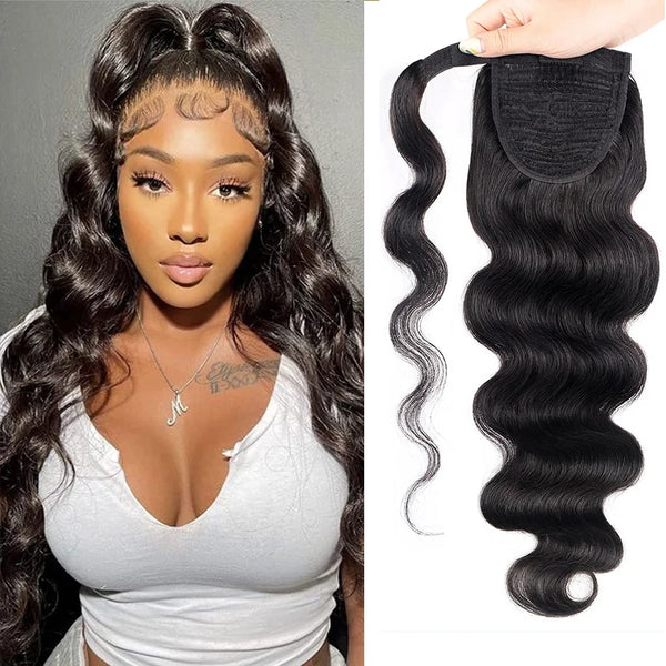 Body Wave Ponytail Extension Human Hair With Magic Paste Warp Around Brazilian 100% Human Hair for Women 1B Natural Color Virgin