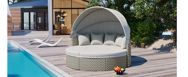 Patio Furniture Round Outdoor Sectional Sofa Set Rattan Daybed Two-Tone Weave Sunbed With Retractable Canopy, Separate S