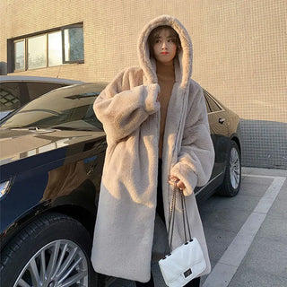 Buy apricot LIUJ QM Hooded Oversized Jacket Winter Fur Coat Women Parka Long Warm Faux Fur Jacket Coats Loose Winter Coat Women -20 Degrees