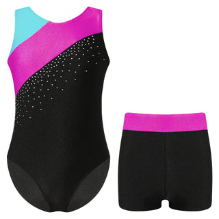 Buy hot-pink Kids Girls Shiny Rhinestone Gymnatics Leotards Ballet Dance Leotards Bodysuit With Shorts Set Ballet Jersey Unitard Dancewear