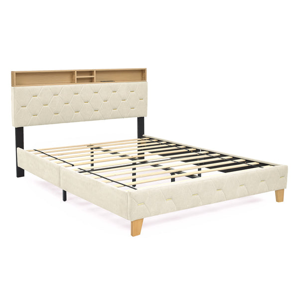 Queen Size Bed Frame, Shelf Upholstered Headboard, Platform Bed With Outlet & USB Ports, Wood Legs, No Box Spring Needed