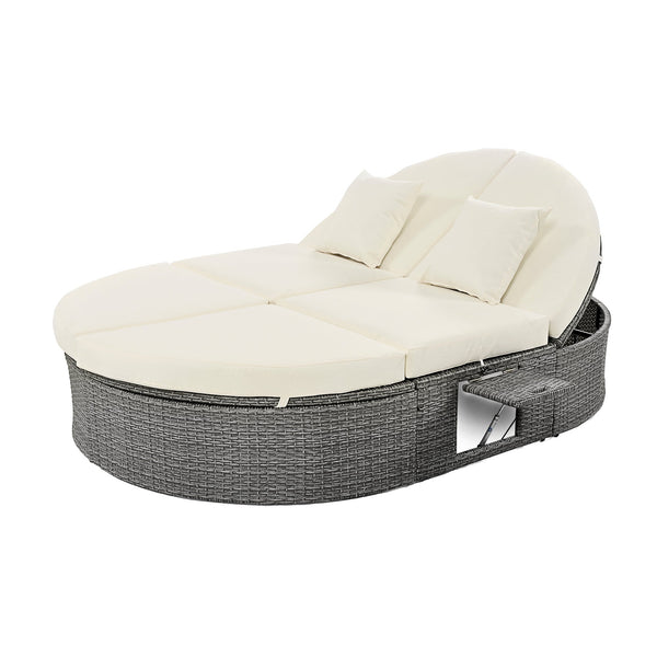 Outdoor Sun Bed Patio 2-Person Daybed With Cushions and Pillows, Rattan Garden Reclining Chaise Lounge With Adjustable B