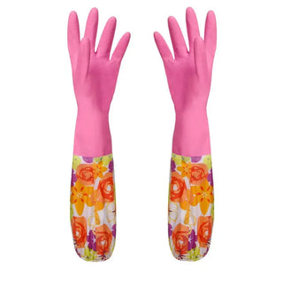 Buy rose-red Flower Rubber Velvet Long Gloves Household  Antiskid Washing Cleaning   Dish