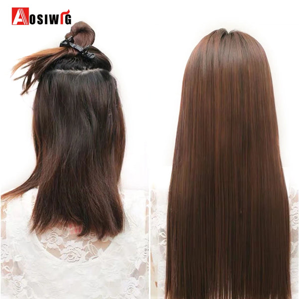 AOSIWIG Long Straight Natural Fake Hairpieces Black Brown Color  High Temperture Synthetic 5 Clip in Hair Extensions for Women