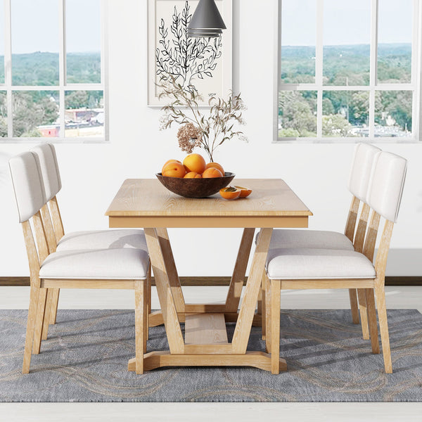 Rustic 5-Piece Dining Table Set With 4 Upholstered Chairs, 59-Inch Rectangular Dining Table With Trestle Table Base, Nau