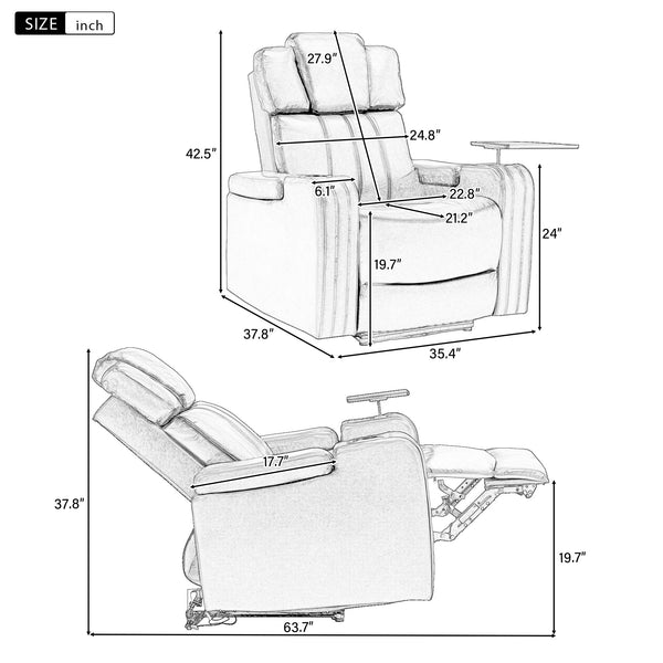 PU Leather Power Recliner Individual Seat Home Theater Recliner With Cooling Cup Holder, Bluetooth Speaker, LED Lights,