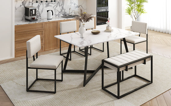 Modern Faux Marble 6-Piece Dining Table Set,60inch Metal Kitchen Table Set With Upholstered Dining Chairs and Bench, Bla