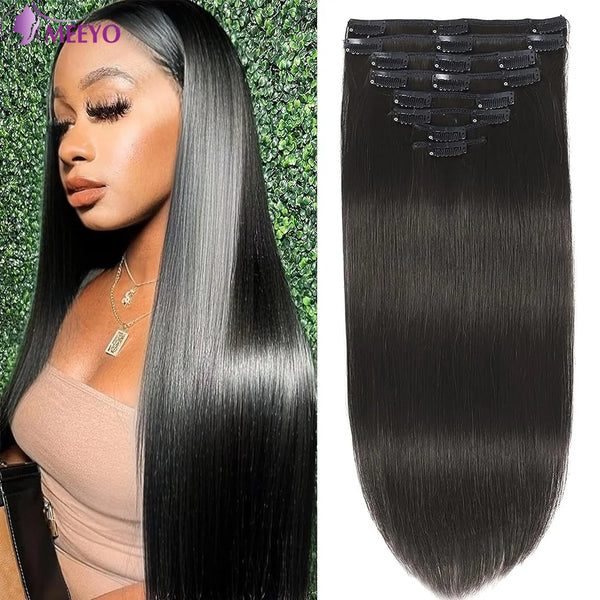 Clip in Hair Extensions Human Hair Brazilian Straight Seamless 100% Real Human Hair Natural Black Clip in Extensions 16-26 Inch