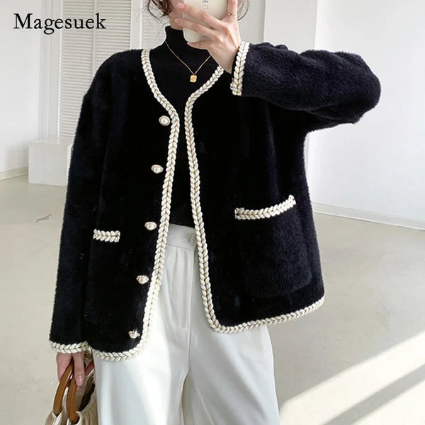 New Fashion Women Mink Cashmere Jacket Coats Female Coats V-Neck Pearl Mink Cashmere Coat and Jacket Winter Clothes Women  17809