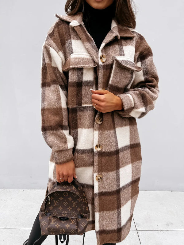 Winter Checked Jackets Coats Women Fashion Casual Oversized Turn Down Collar Long Outwear Thick Warm Woolen Blends Overcoats