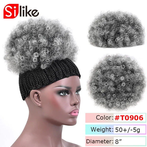 Silike Synthetic Short Afro Puff Hair Bun High Temperature Drawstring Warp Pony Tail Clip in Hair Extension Kinky Curly Hair Bun