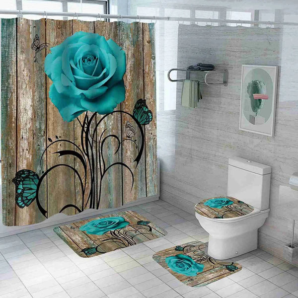 4 Pcs Shower Curtain Sets With 12 Hooks Flowers Floral With Non-Slip Rugs Toilet Lid Cover and Bath Mat Bathroom Decor Set