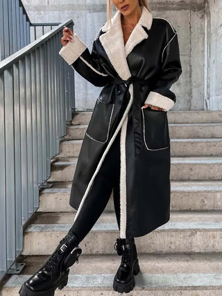 Buy black 2022 Winter PU Faux Leather Coat Women Long Leather Jacket Black Thick Warm Coats for Women