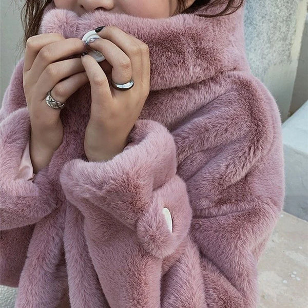 2021 New Winter Women Faux Rabbit Fur Coat  Loose Long Fur Coat Large Size Hooded OverCoat Thick Warm Female Plush Coats