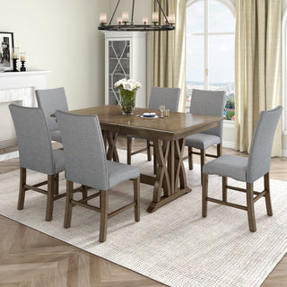 Mid-Century Solid Wood 7-Piece Dining Table Set Extendable Kitchen Table Set With Upholstered Chairs and 12" Leaf for 6,