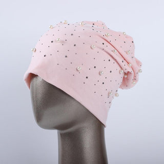 Buy pink Geebro Brand Women&#39;s Beanie Hat Casual Polyester Shine Pearls&amp;Rhinestones Beanies for Women Skull Beanie Hats Bonnet for Female