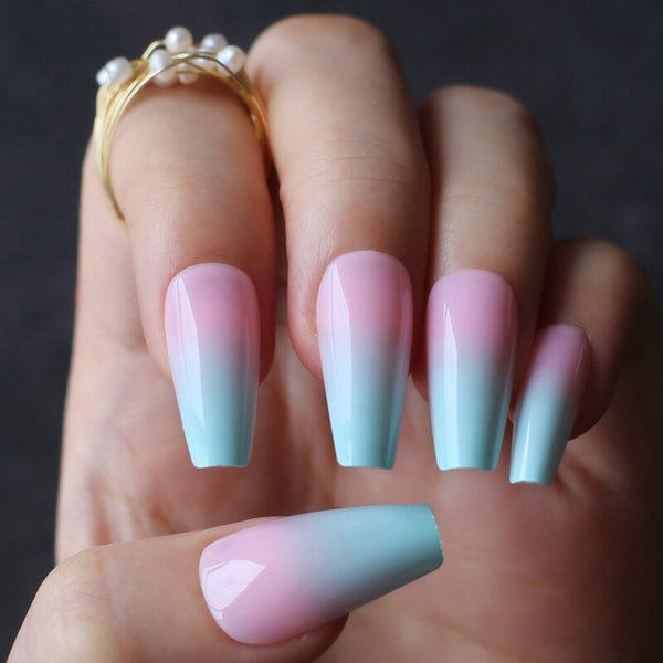 Long Pink Blue Ombre Coffin French Shiny Fake Nails Summer Lovely Salon Glossy Ballet Nails False Nail Medium Art