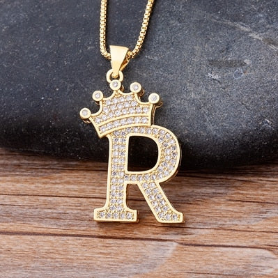 New Luxury Copper Zircon A-Z Crown Alphabet Pendant Chain Necklace Punk Hip-Hop Style Fashion Woman Man Initial Name Jewelry - Webster.direct