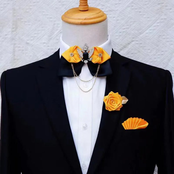 Crystal Bow Tie Set Men's Women's Business Suit Accessories Collar Flowers Vintage Wedding Bow-Tie Pocket Towel Brooch 3pcs Sets