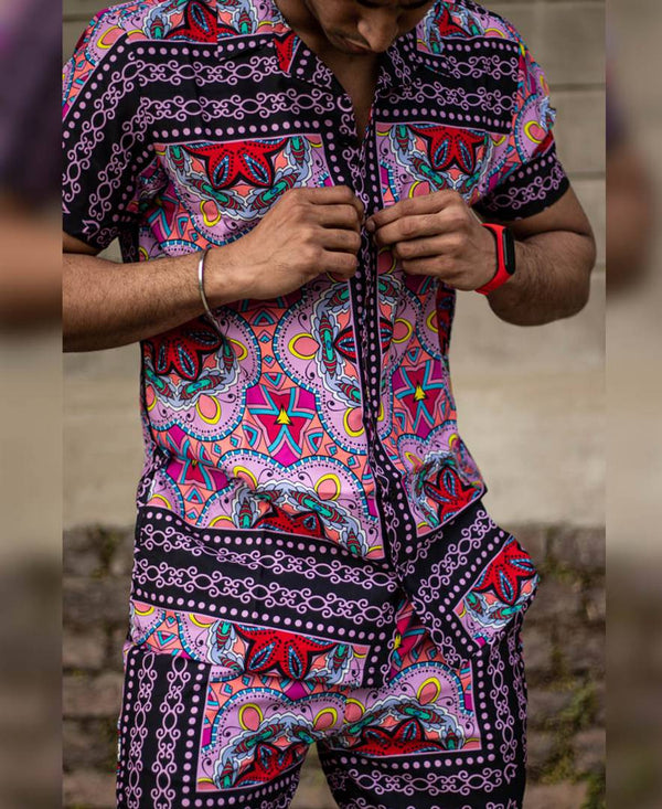 Men's Multi Color With Red Star Flower Print Shirt and Shorts Set