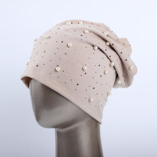 Buy beige Geebro Brand Women&#39;s Beanie Hat Casual Polyester Shine Pearls&amp;Rhinestones Beanies for Women Skull Beanie Hats Bonnet for Female