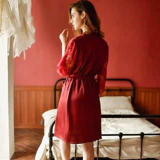 Buy red-robe French Elegant Female Sexy Sling Lace Nightgown