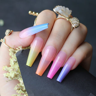 Buy uv-ombre-colorful Extra Nude Long Coffin Fake Nail Rhinestone Luxury Coffin AB Rhinestone Holographic False Nails Coffee