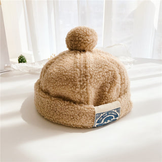 Buy beige Japanese-Style Pure Color Children&#39;s  Label Plush Ball Melon Cap Chinese Landlord Hat Fashion Children&#39;s Baby Flannel Warm Hat