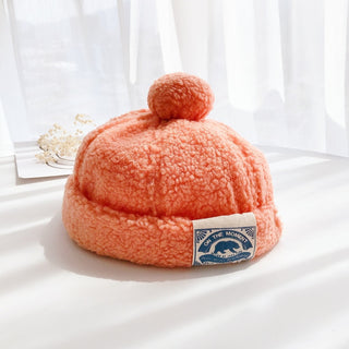 Buy orange Japanese-Style Pure Color Children&#39;s  Label Plush Ball Melon Cap Chinese Landlord Hat Fashion Children&#39;s Baby Flannel Warm Hat