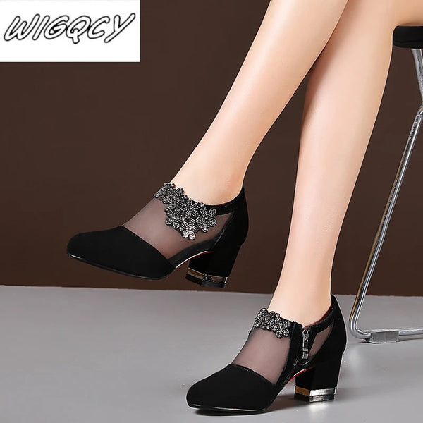 Summer Women High Heel Shoes Mesh Breathable Pumps Zip Pointed Toe Thick Heels Fashion Female Dress Shoes Elegant Footwear