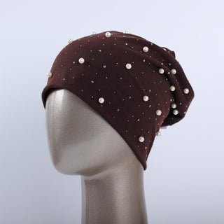 Buy brown Geebro Brand Women&#39;s Beanie Hat Casual Polyester Shine Pearls&amp;Rhinestones Beanies for Women Skull Beanie Hats Bonnet for Female