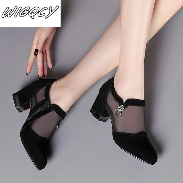 Summer Women High Heel Shoes Mesh Breathable Pumps Zip Pointed Toe Thick Heels Fashion Female Dress Shoes Elegant Footwear