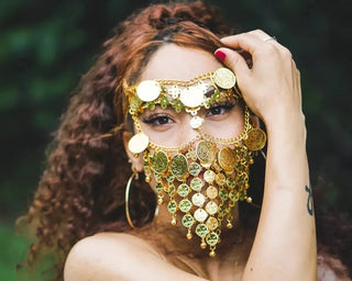 Luxury Women Coin Bell Tassel Masquerade Mask Veil Face Chain Belly Dance Stage Cosplay Party Headbands Boho Festival Hair Gift