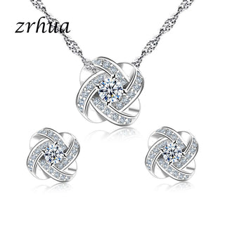 ZRHUA Original 925 Sterling Silver Jewelry Sets Stylish Pendant Necklace Earrings Set for Women Female CZ Christmas Gift